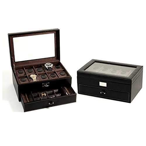 Bey Berk Leather 10 Watch Case With Glass Top, Drawer For Cufflinks And Pens, Black
