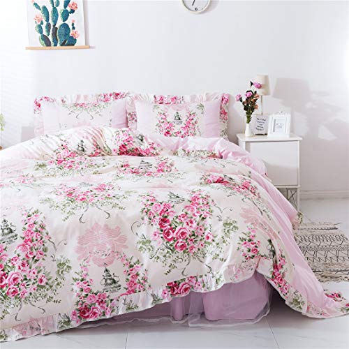 FADFAY Home Textile Pink Rose Floral Print Duvet Cover Bedding Set for Girls 4 Pieces Queen Size