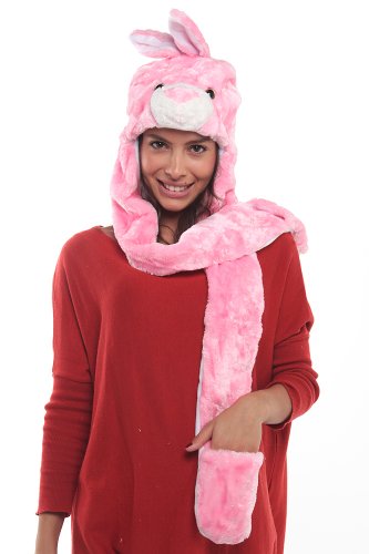 Animal Hood Pink Bunny Rabbit Full Animal Hat Soft Plush Hat Scarf Mittens 3-in-1 Style Winter Ski Hat
