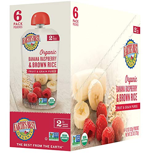 Earth's Best Organic Stage 2 Baby Food, Banana Raspberry and Brown Rice, 4.2 oz. Pouch (Pack of 12)