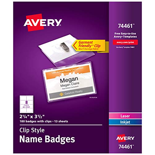 Avery Clip Name Tags, Print or Write, 2.25" x 3.5", 100 Inserts & Badge Holders with Clips (74461)