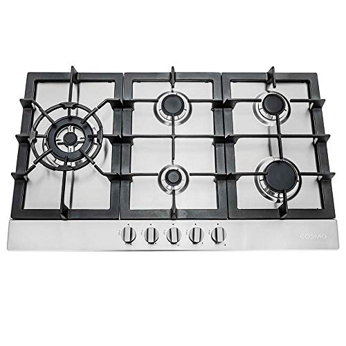 Cosmo 850SLTX-E Gas Cooktop with 5 Burners, Counter Cooker with Cast Iron Grate Stove-Top, Melt-Proof Metal Knobs, 30 inches,