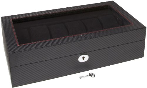 Diplomat 31-449 Carbon Fiber Twelve Watch Case with Black Suede Interior and See Through Top Watch Case