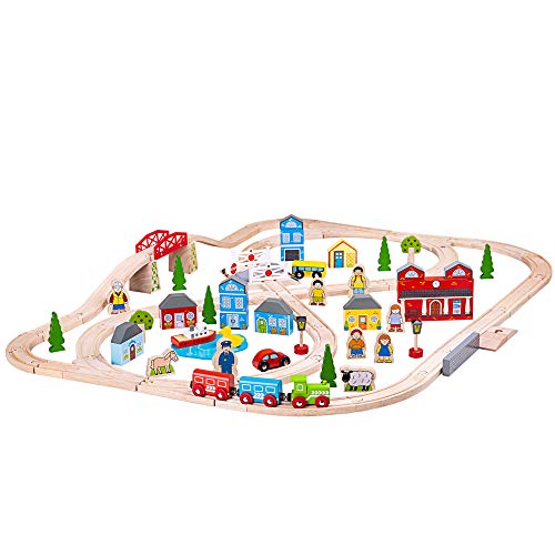 Bigjigs Rail Wooden Town and Country Train Play Set with Accessories