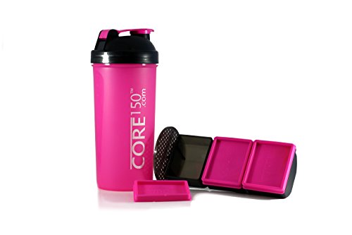 CORE 150 Core150 Attitude Shaker - Pink - 35oz Protein Shaker Bottle. Contains easy stack removable storage with 3 compartments