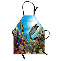 Lunarable Ocean Apron, Colorful Fishes Hawksbill Floats Under Water Coral Reefs Aquatic Environment Theme, Unisex Kitchen Bib