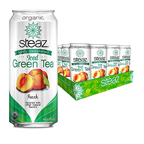 Steaz Organic Lightly Sweetened Iced Green Tea, Peach, 16 OZ (Pack of 12)
