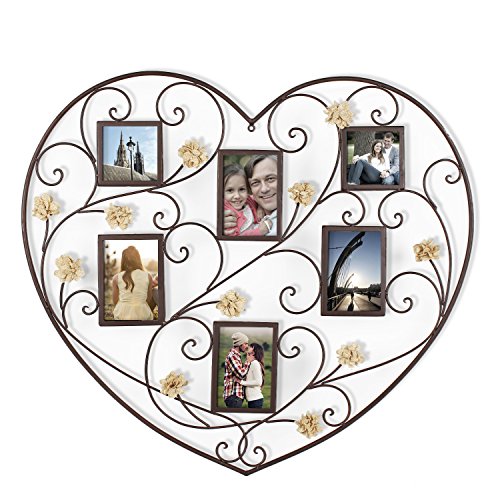 Adeco PF0598 Decorative Black Iron Heart-Shape Picture Frame Collage with Scroll and Burlap Flower Design, 6 Openings, 4x6,