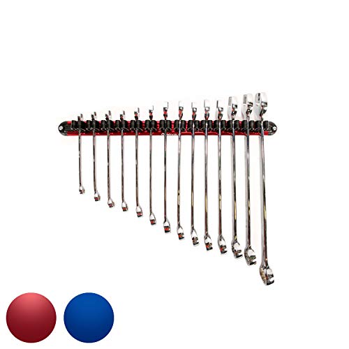 Olsa Tools Wall Mount Wrench Organizer | Red Anodized Aluminum + Black Clips | Holds 14 Wrenches