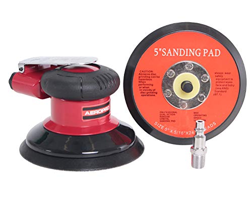 TCP Global Professional Heavy Duty 5" Dual-Action Random Orbit Air Palm Sander with Both PSA and Hook & Loop Backing Pads -