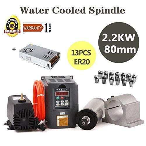 MYSWEETY CNC Spindle Motor Kits, 2.2KW Water Cooled Spindle Motor 2.2KW Inverter + 80MM Clamp Mount +13PCS ER20 Collet + 5M
