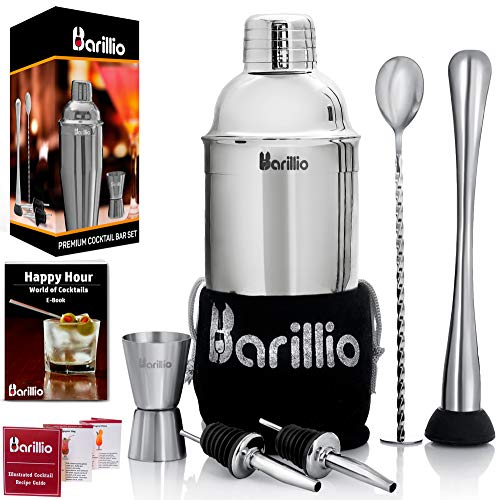 Barillio Elite Cocktail Shaker Set Bartender Kit by BARILLIO: 24 oz Stainless Steel Martini Mixer, Muddler, Mixing Spoon, jigger, 2