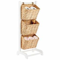 mDesign 3 Tier Vertical Standing Storage Basket Stand, Decorative Wood Storage Organizer Tower Rack with 3 Basket Bins -