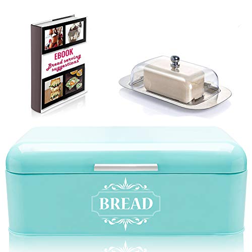 All-Green Products Vintage Bread Box For Kitchen Stainless Steel Metal in Retro Turquoise + FREE Butter Dish + FREE Bread Serving Suggestions