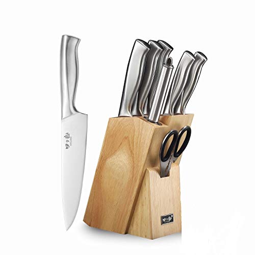 SIXILANG Kitchen Knife Block Set, 8 Piece Stainless Steel Hollow Handle Kitchen Knives Set with Oak Wooden Block, Manual