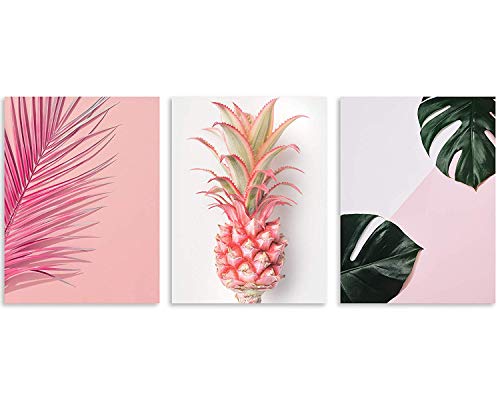 TutuBeer Plant Wall Art with Pink Pineapple at Pink Background Tropical Wall Decor Green Plant Art 12" x 16" x 3 Pieces