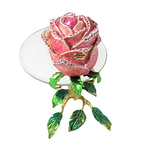 Krustallos Light Pink Enameled Rose with Mirror Stand Crystalized Collectible Gift Decoration Figurines Trinket Jewelry Box