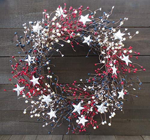 Direct International Patriotic Berry Wreath with Mini Barn Stars Americana Decor Door USA Red White and Blue Wreath