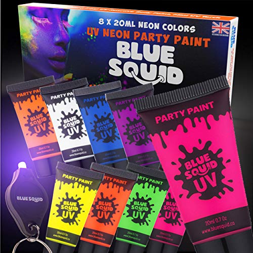 Blue Squid UV Face & Body Paint Set - by Blue Squid, 8 Liquid UV Body Paints (8 x Large 0.68 fl oz) +FREEBONUS Mini Ultraviolet Torch -