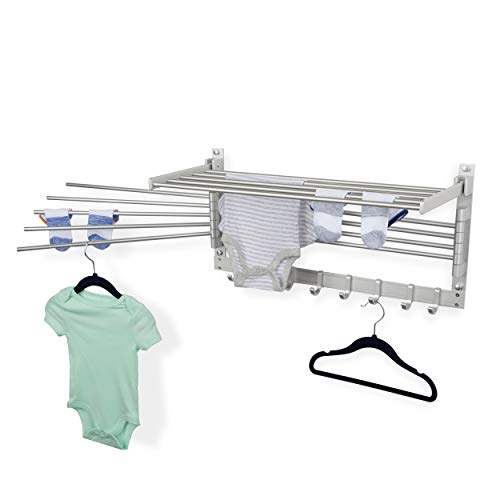 brightmaison Space Saver Wall Mounted Laundry Clothes Drying Rack with Hooks and Swing Arms Metal Silver Space Saver
