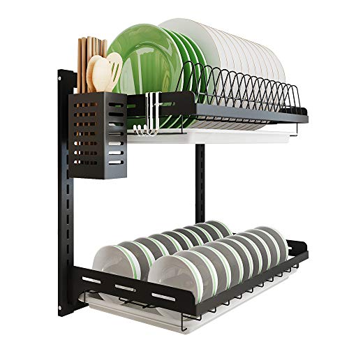 JUNYUAN Kitchen Dish Rack Hanging Drying Plate Organizer Storage Shelf over the Sink,Junyuan 2 Tier Wall Mount Bowl Holder with Drain