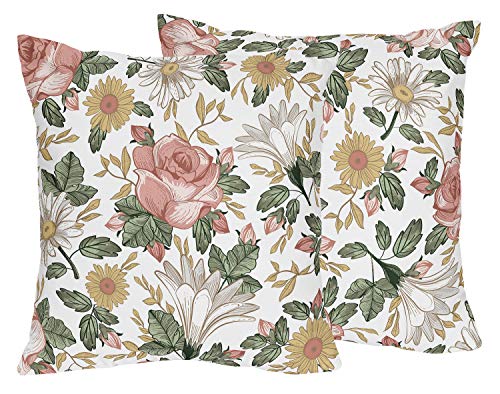Sweet Jojo Designs Vintage Floral Boho Decorative Accent Throw Pillows - Set of 2 - Blush Pink, Yellow, Green and White