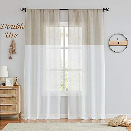 Central Park Tan and White Stripe Sheer Color Block Window Curtain Panel Pairs Linen Drape Treatment for Bedroom Living Room