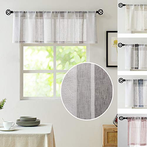Central Park Gray and White Kitchen Window Curtain Valance Vertical Stripe Sheer Boucle Linen Window Curtain, Living Room