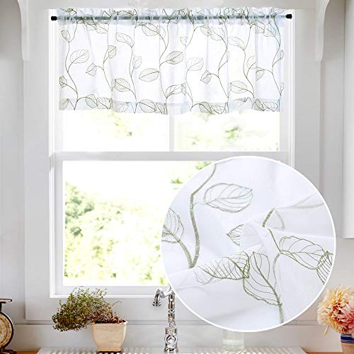 Topick Sheer Valance for Kitchen Leaf Embroidered Rod Pocket Bathroom Voile Curtain Valances 18 inch Green on White