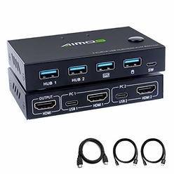 AIMOS HDMI KVM Switch, HUD 4K 2 Port Box, Share 2 Computers with one Keyboard Mouse and one HD Monitor, Support Wireless