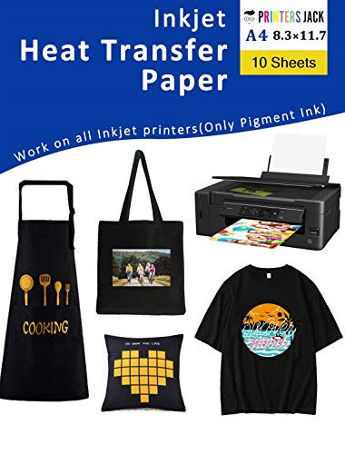 Printers Jack Iron-On Heat Transfer Paper for Dark Fabric 10 Sheets 8.3x11.7" T-Shirt Transfer Paper for Inkjet Printer Wash Durable, Long