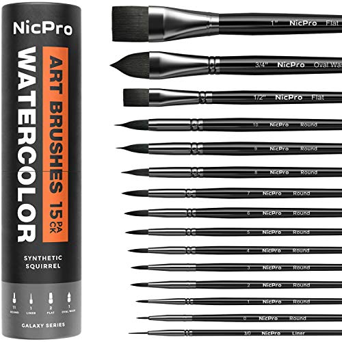 Nicpro 15 PCS Professional Watercolor Paint Brushes Set, Artist Synthetic  Fine Squirrel Brush Round Tip for Detail, Gouache