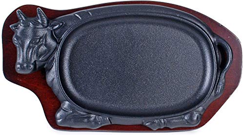 Happy Sales HSGRD-COW12, Large Cast Iron Steak Plate Sizzle Griddle with Wooden Base Steak Pan Grill Fajita Server Plate
