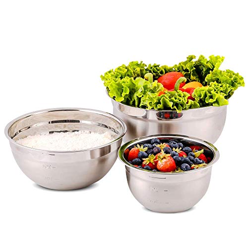 Ovente Stainless Steel Kitchen Mixing Bowl Set with Lid, 3 Nesting Stackable Bowls with Measuring Marks Dishwasher Safe Easy