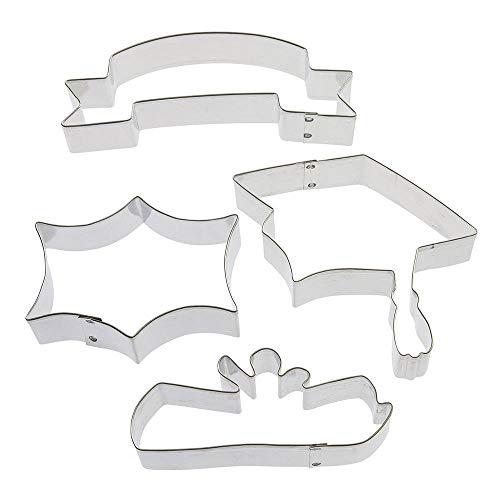 FOOSE Graduation Cookie Cutter 4 Pc Set HS0436 includes: 4.5 in Graduation Cap, 4 in Diploma, 3.5 in Sparkle Plaque, 5 in Banner -