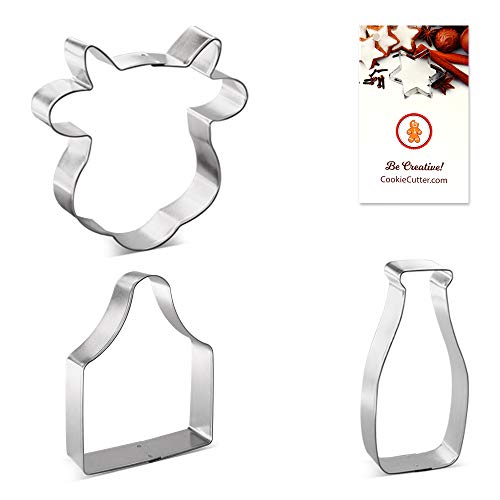 FOOSE Dairy Farm Cow Cookie Cutter 4 Pc Set - Cow Face, Milk Bottle, Ear Tag, Milk Jug Cookie Cutters and Cookie Recipe Card Hand Made