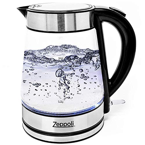 8JSH1KB Zeppoli Electric Kettle - Glass Tea Kettle (1.7L) Fast Boiling and  Cordless, Stainless Steel Finish Hot Water Kettle - Hot