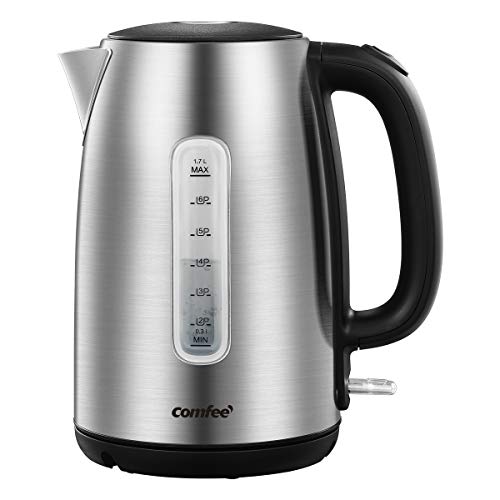 COMFEE' Stainless Steel Cordless Electric Kettle. 1500W Fast Boil with LED Light, Auto Shut-Off and Boil-Dry Protection. 1.7