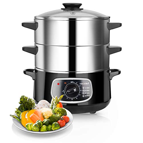 Secura 2 Stainless Steel Food Steamer 8.5 Qt Electric Glass Lid Vegetable Steamer Double Tiered Stackable Baskets with Timer