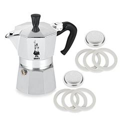 Bialetti Moka Express #06799 3-Cup Espresso Maker Machine and #06960 Bialetti, Six Replacement Gaskets and Two Bialetti