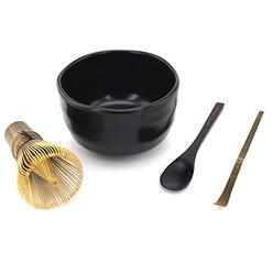 BambooMN Japanese Ceremonial Matcha Green Tea Whisk Set - Black Whisk + Black Chashaku + Black Tea Spoon + Black Bowl