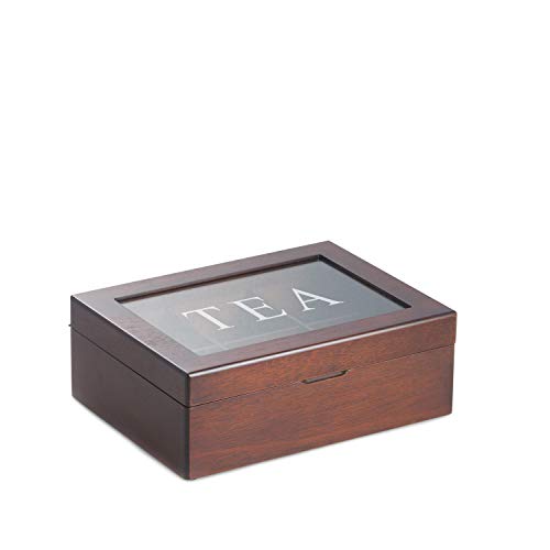 Bey Berk Custom Personalized solid mahogany tea box with glass see-thru lid featuring six divided compartments by Bey-Berk