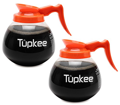 Tupkee Commercial Coffee Pot Replacement Glass Coffee Pots Decanter Carafe -64 oz. 12-Cup, Set of 2 Orange Handle - Decaf