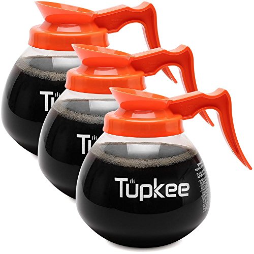 Tupkee Replacement Coffee Pot Decanter Commercial - 64 oz. 12-Cup, Set of 3 Orange Handle - Decaf - Glass Coffee Pots Carafe