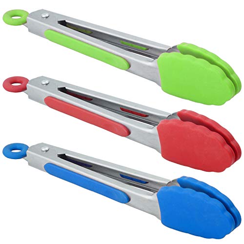 hinmay HINMAY Small Tongs with Silicone Tips 7-Inch Mini Serving Tongs, Set  of 3 (Red Blue Green)