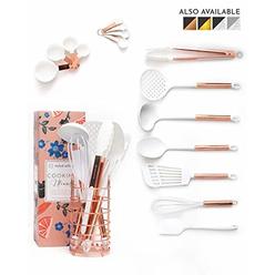 Styled Settings White and Rose Gold Cooking Utensils Set with Holder - 16-Piece Kitchen Utensil Set with Holder Includes White and Copper