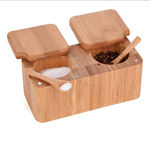 Rissetree Bamboo Swivel Salt Pepper Spice Box Cellars pinch pot with Magnetic Lid-2 Pot for Herbs and Spices + 2pcs mini salt spoon