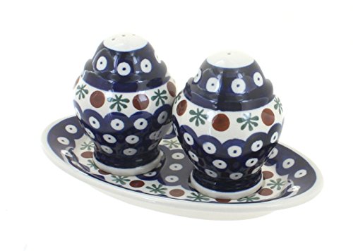 Blue Rose Pottery Blue Rose Polish Pottery Nature Salt and Pepper Shaker with Plate