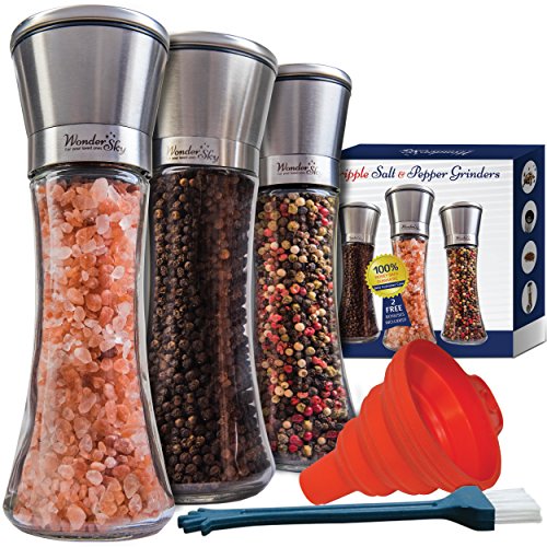 Wonder Sky Salt and Pepper Grinder Set of 3 - Tall Salt and Pepper Shakers  with Adjustable Coarseness by Ceramic Rotor - Stainless Steel