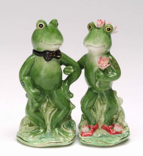 Cosmos Gifts Fine Ceramic Frog Love Couple with Black Bow Tie Pink Water Lily Flower and Red High Heels Salt & Pepper Shakers Set, 4" H